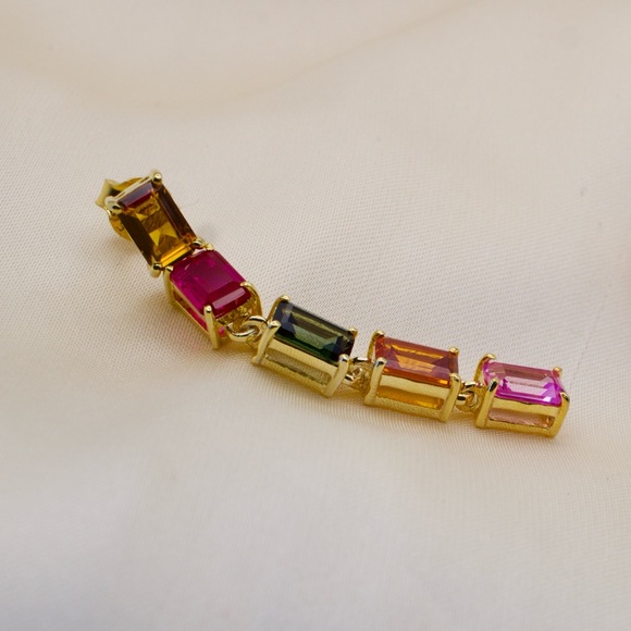 Gold Vermeil 925 Silver Emerald-Cut Rainbow Bar Earrings | 7.60 CT Lab Sapphire - Picture 2 of 2